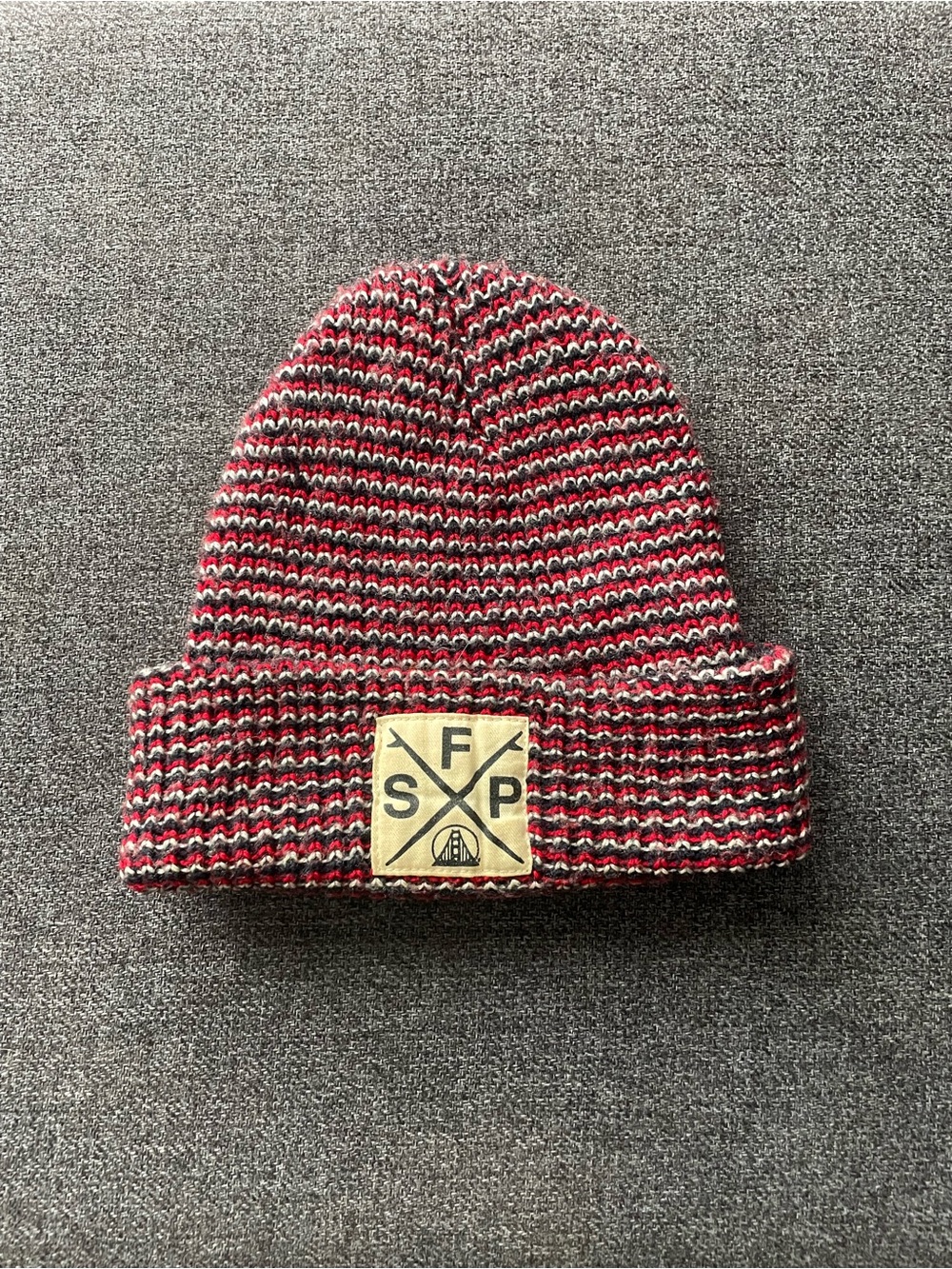 San Franpycho Red & Black Striped Knit Beanie with Patch